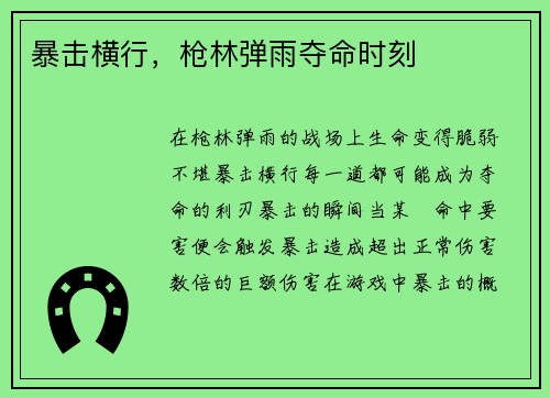 暴击横行，枪林弹雨夺命时刻